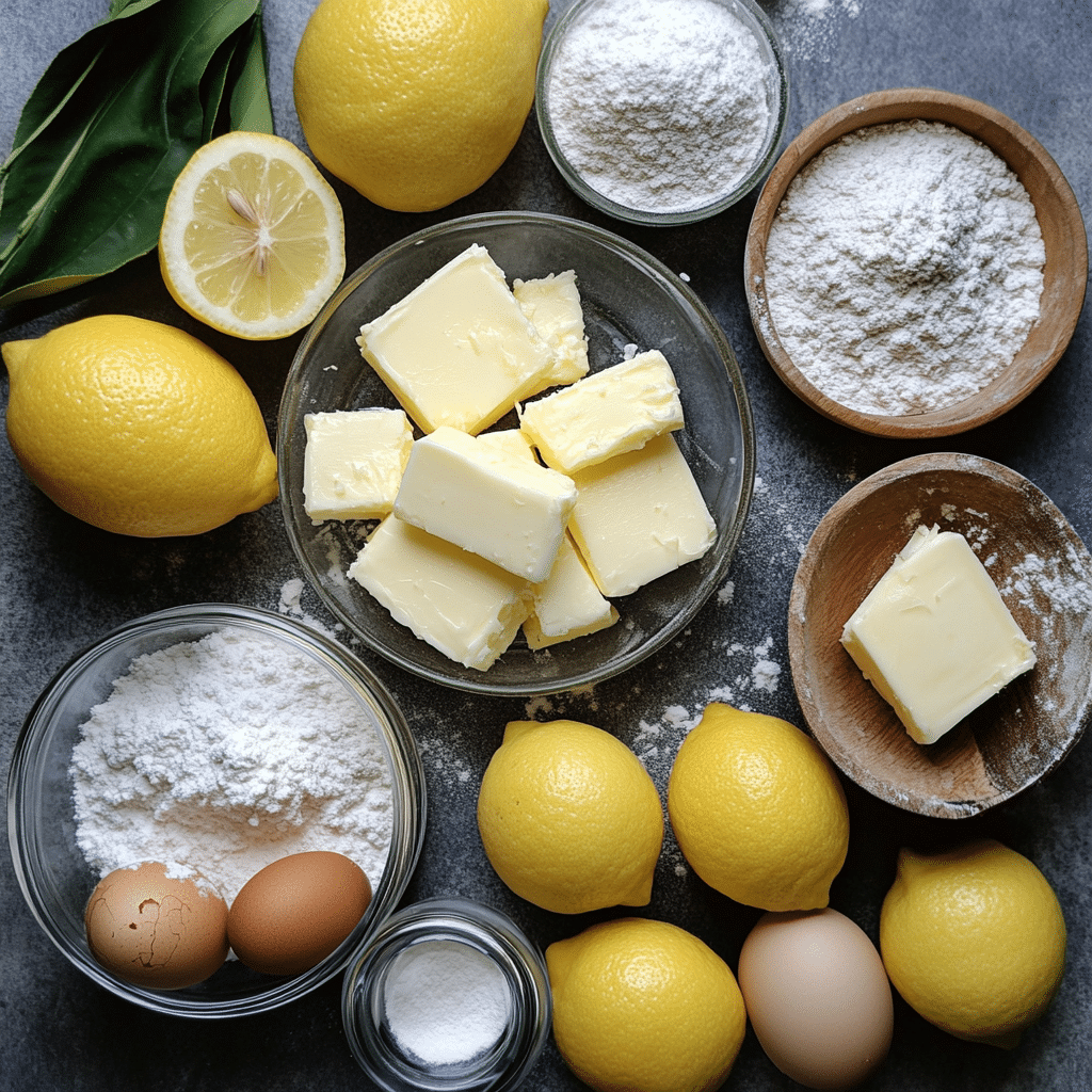 Ingredients laid out for lemon bars with lemons and butter