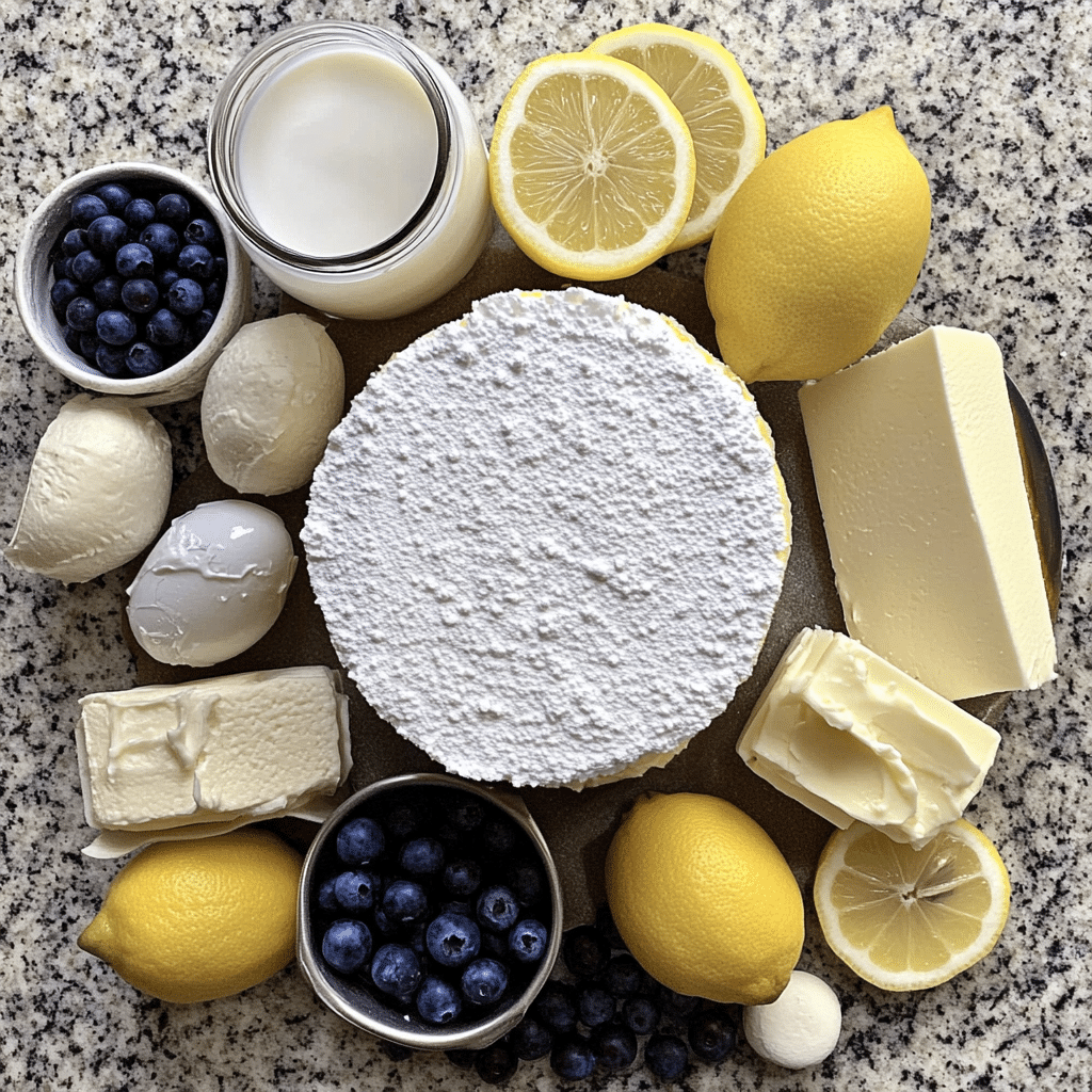 Ingredients laid out for lemon blueberry cake and frosting
