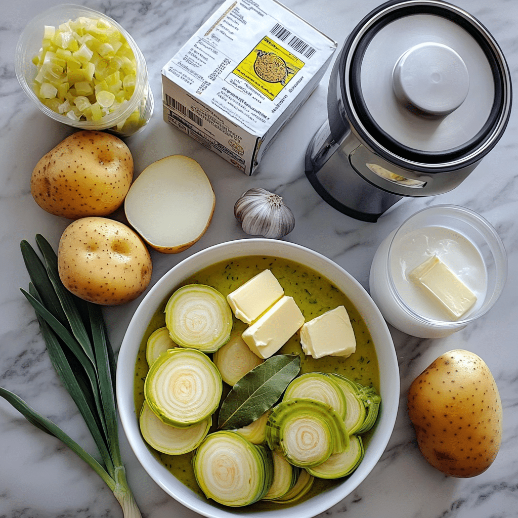 ingredients for potato leek soup including leeks potatoes butter broth and cream