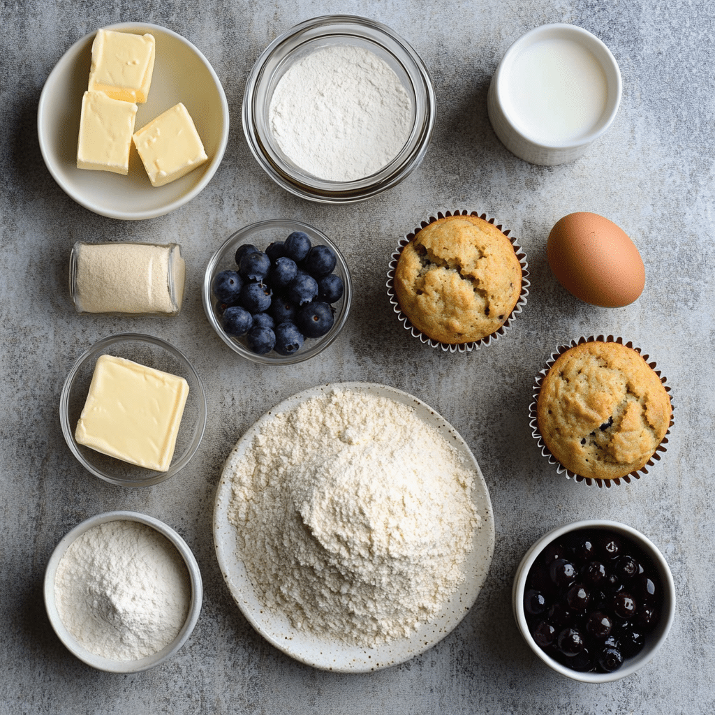 Ingredients laid out for sourdough discard blueberry muffins