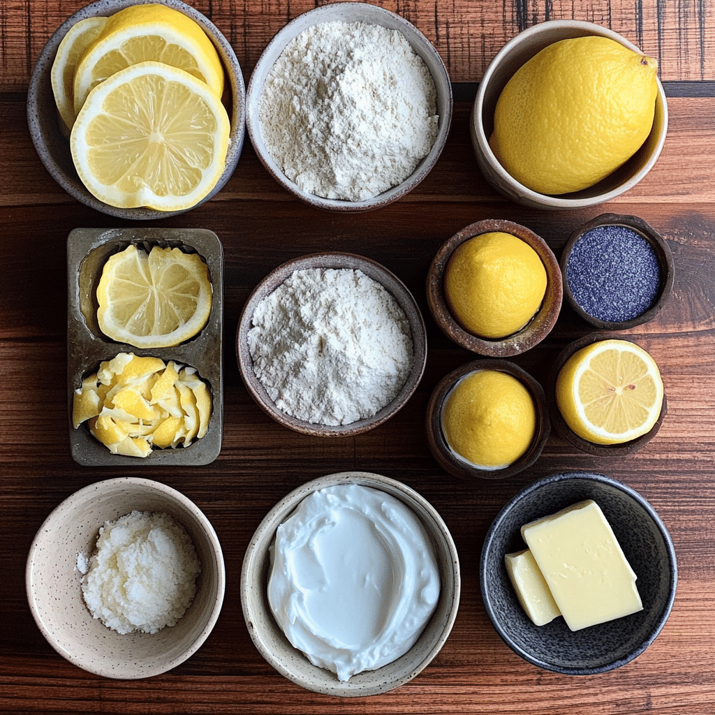 Bowls of ingredients for sourdough lemon poppy seed muffins including starter discard and lemons