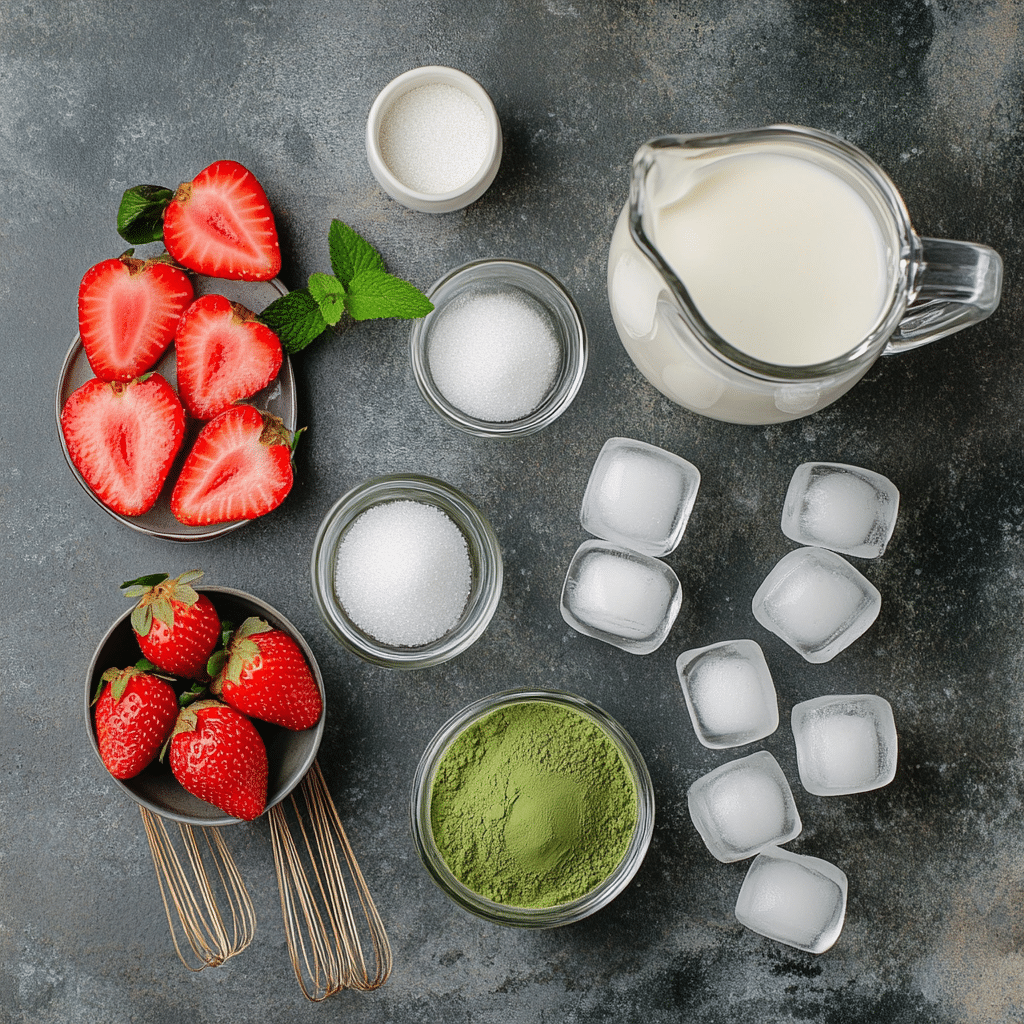 ingredients for iced strawberry matcha latte including strawberries matcha milk and ice