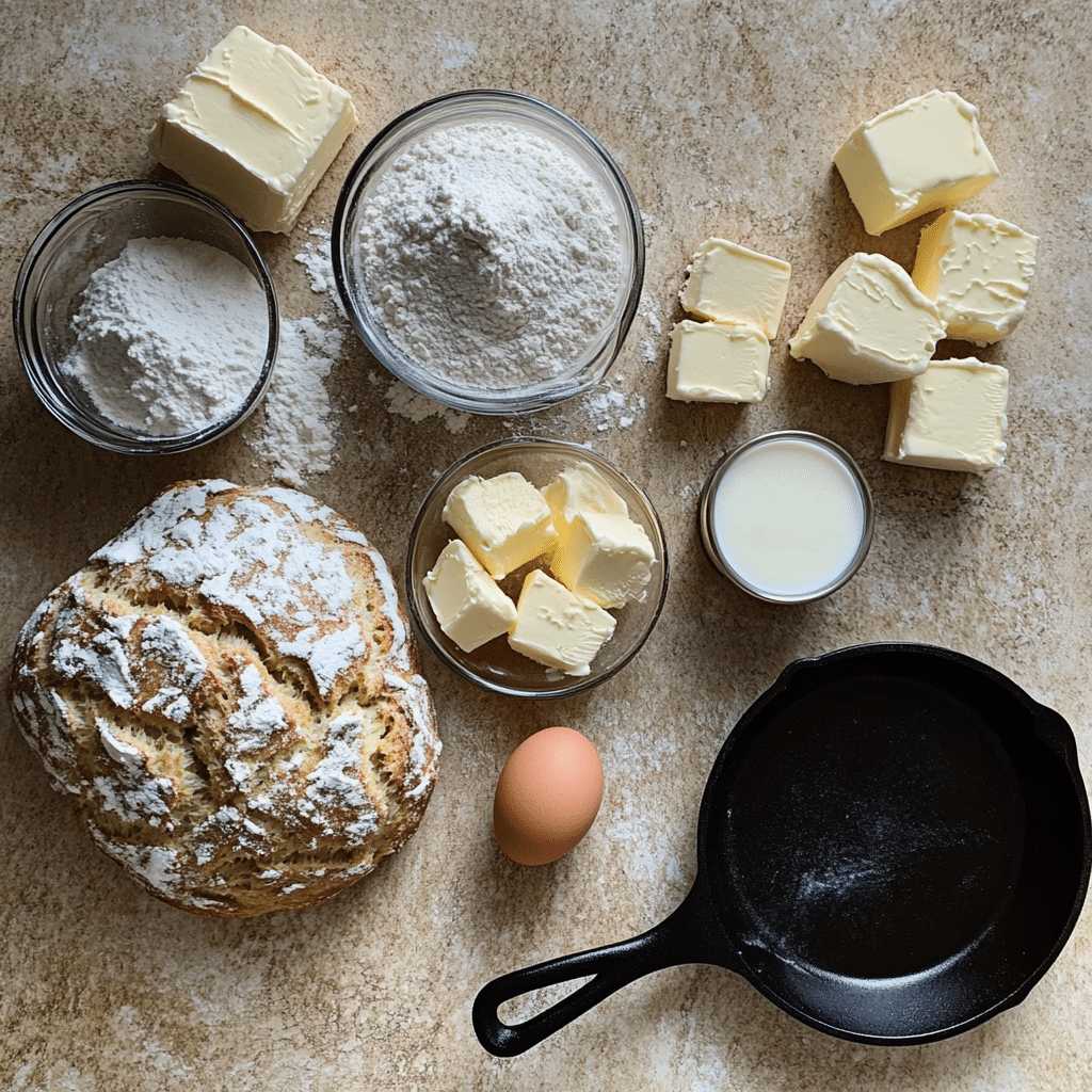 Ingredients for irish soda bread including flour, buttermilk, egg, butter, baking soda, sugar, and salt