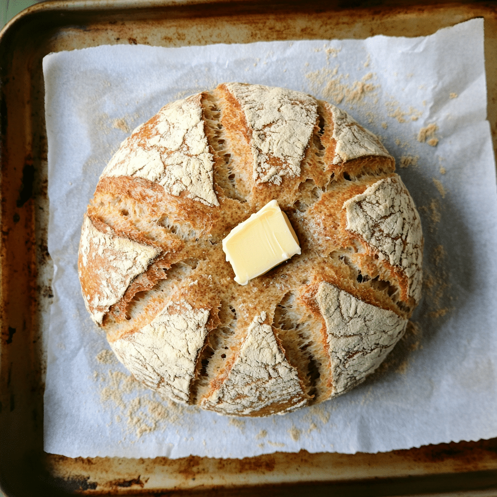 Round loaf of irish soda bread with cross on top and golden crust