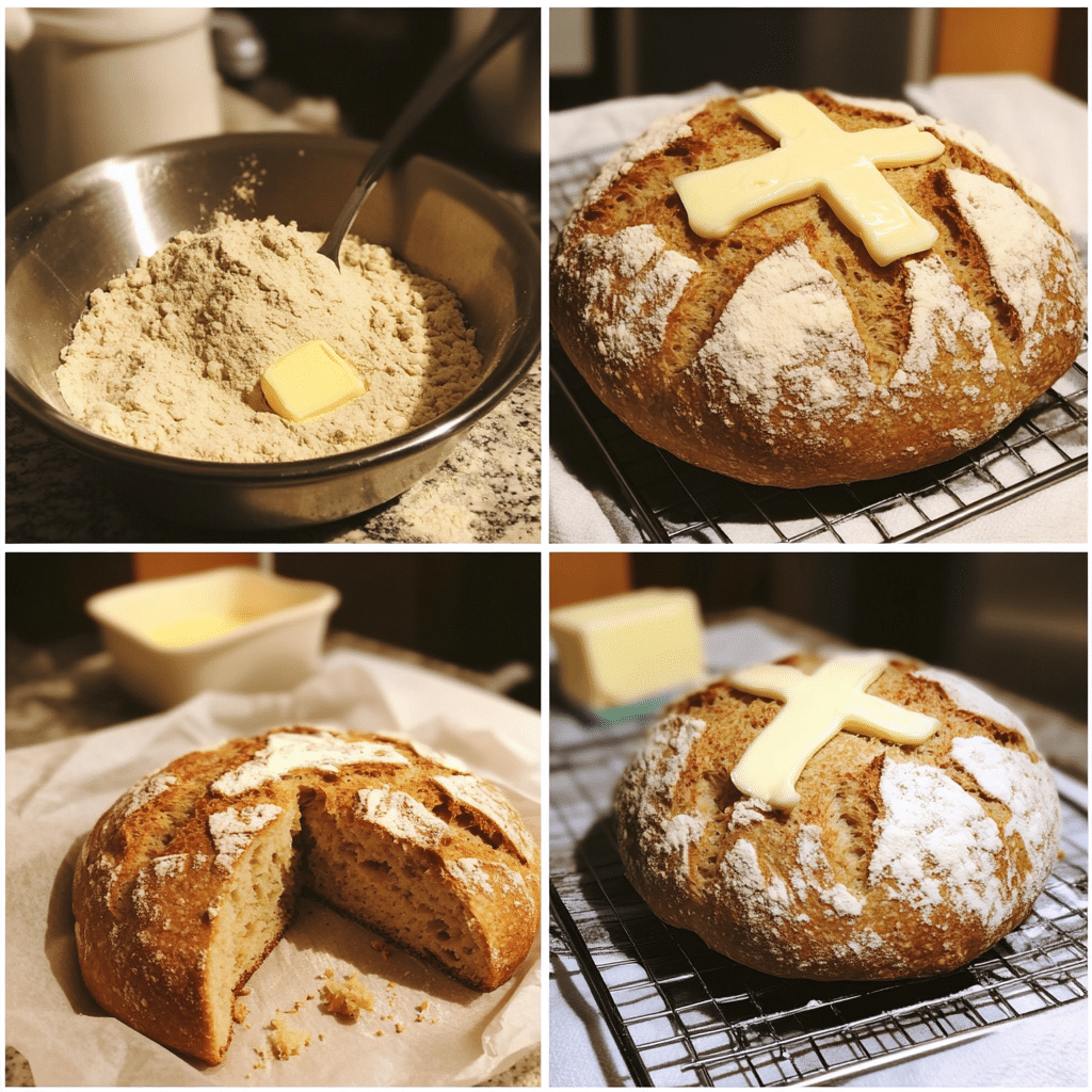 Four panel collage of making irish soda bread with buttermilk and scoring a cross on top