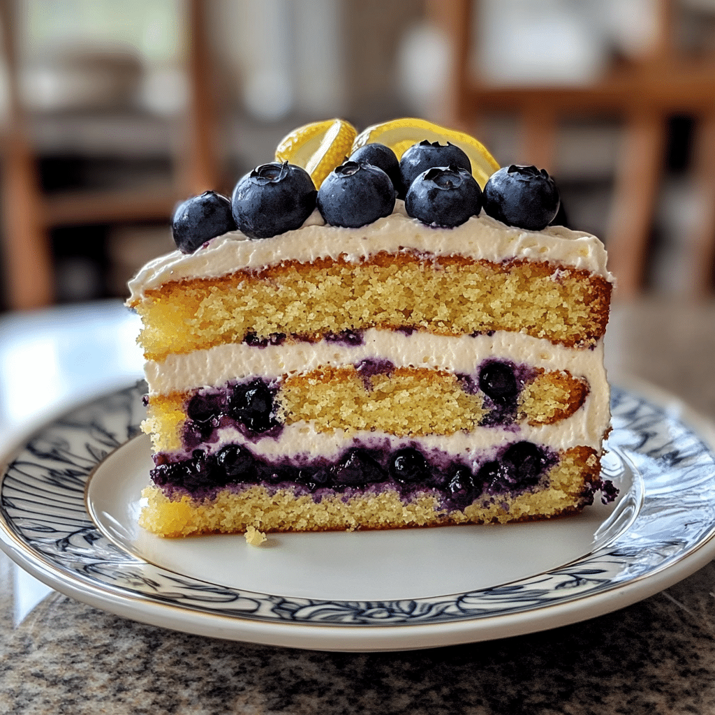 Lemon blueberry layer cake slice with lemon frosting