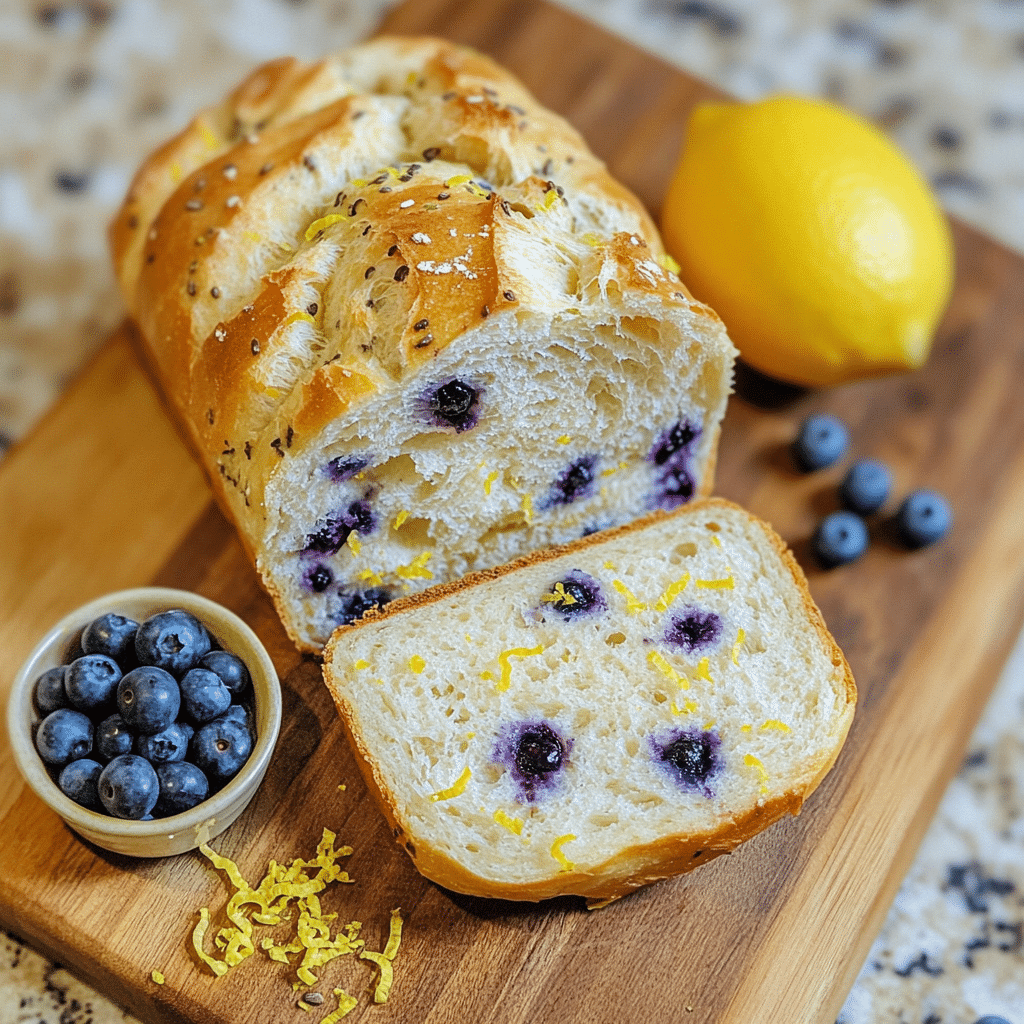 Sliced lemon blueberry sourdough bread loaf with blueberries and lemon on a cutting board