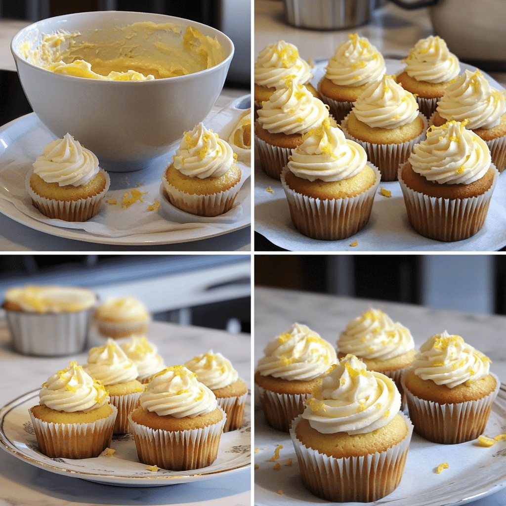 Four panel collage of making lemon cupcakes and piping lemon buttercream frosting