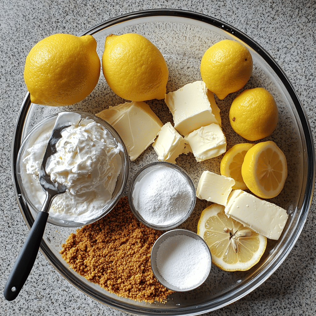 Ingredients for lemon icebox pie including cream cheese, sweetened condensed milk, lemons, and graham crackers