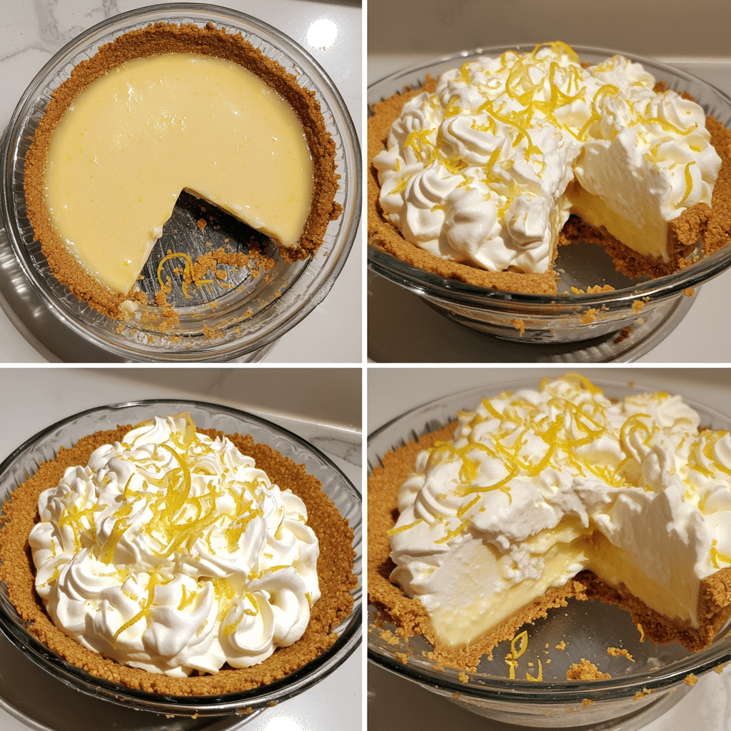 Four panel collage of making lemon icebox pie with graham cracker crust and creamy lemon filling