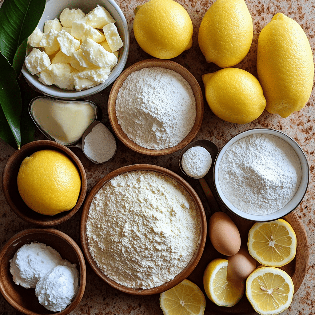 Ingredients for lemon ricotta cookies including ricotta, lemons, flour, sugar, and powdered sugar