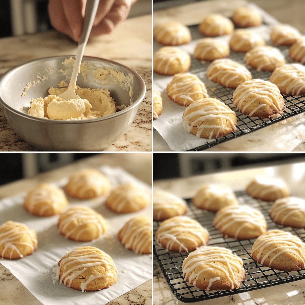 Four panel collage of making lemon ricotta cookies and dipping them in lemon glaze