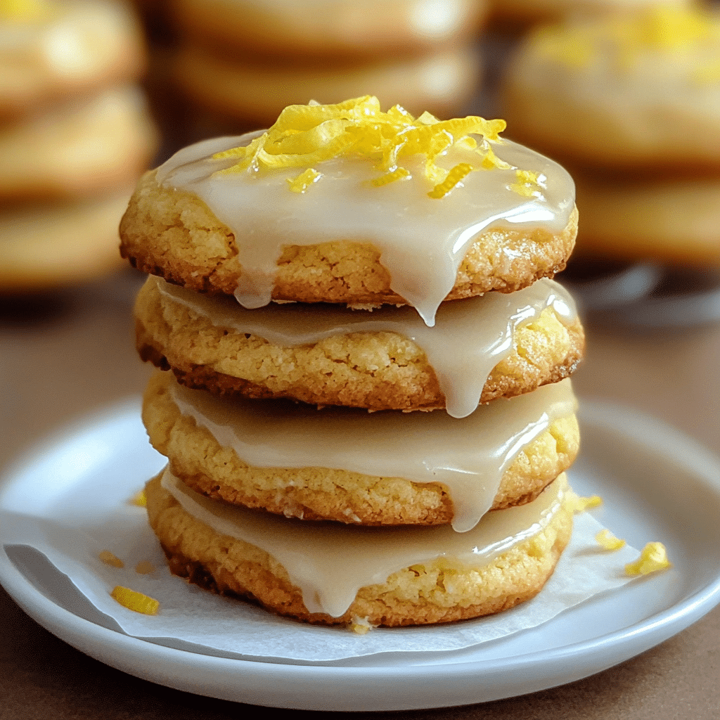 Close-up of glazed lemon ricotta cookies with lemon zest on top