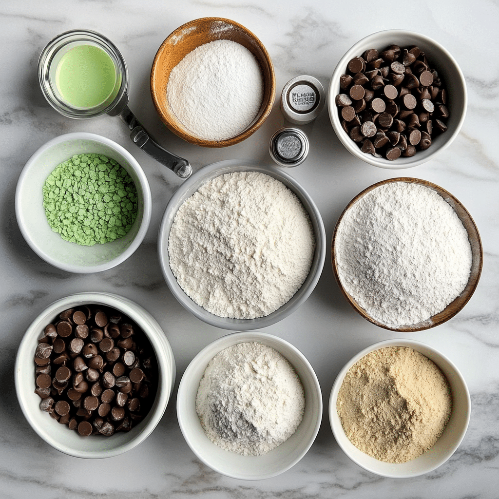 Ingredients for mint chocolate chip cookies including flour, butter, sugars, eggs, mint extract, and chocolate chips