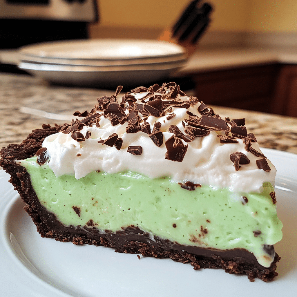 slice of mint grasshopper pie with chocolate cookie crust and whipped topping