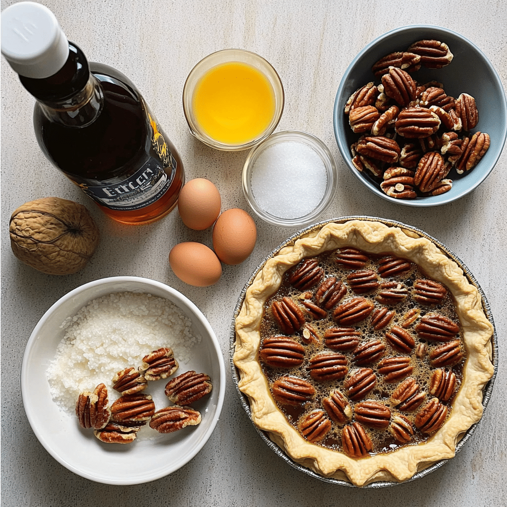 ingredients for pecan pie including pecans corn syrup brown sugar eggs and pie crust