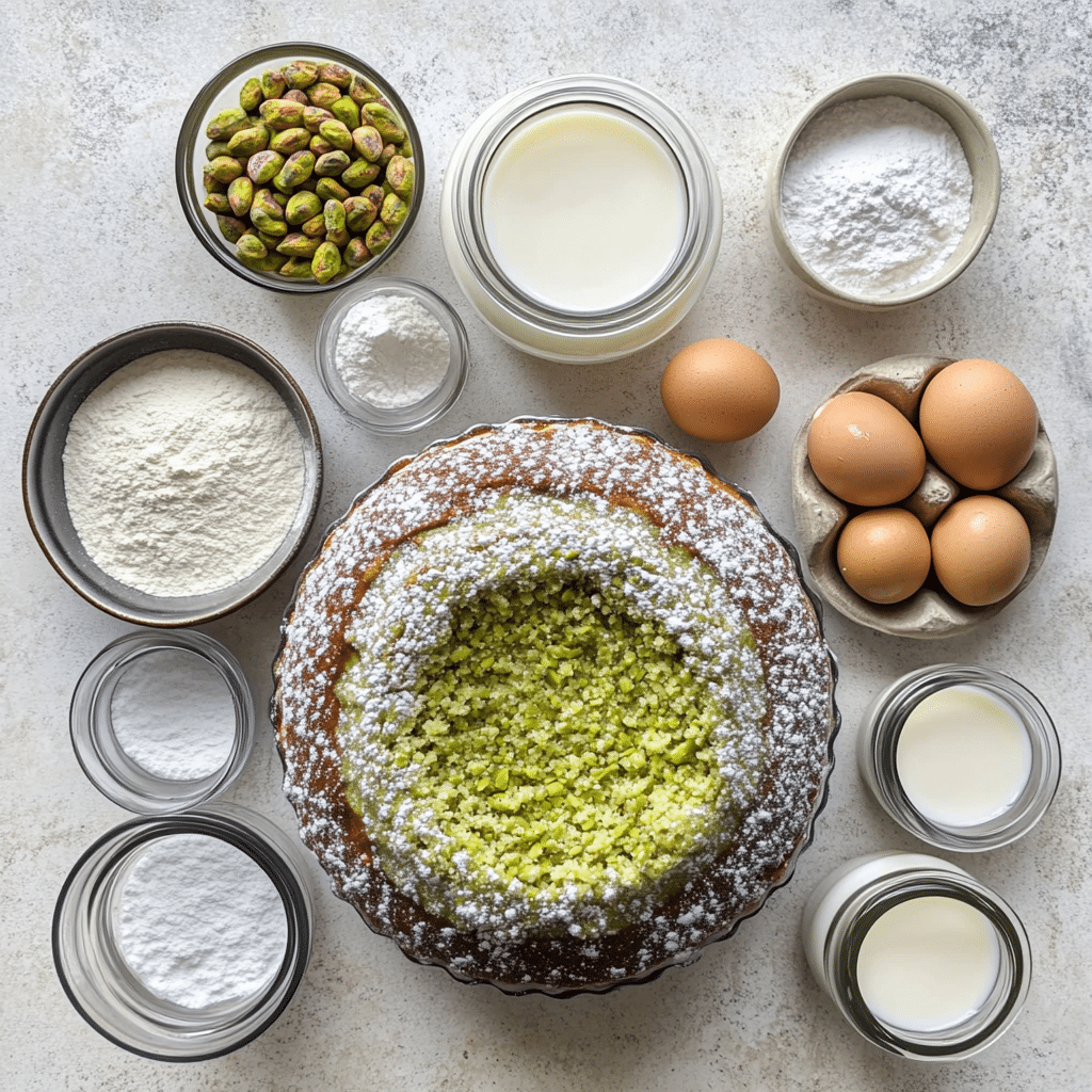 ingredients for pistachio pudding cake including pudding mix eggs oil milk and pistachios