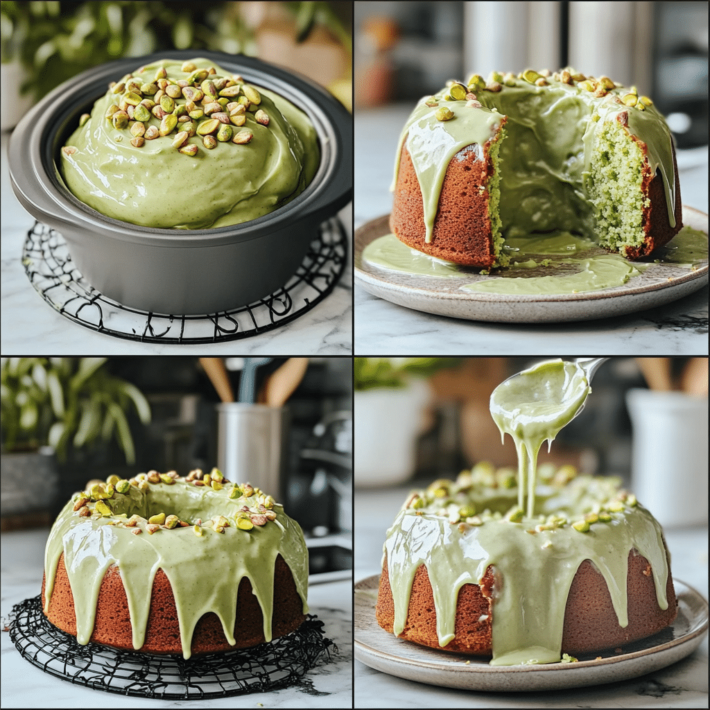 collage showing steps to make pistachio pudding cake