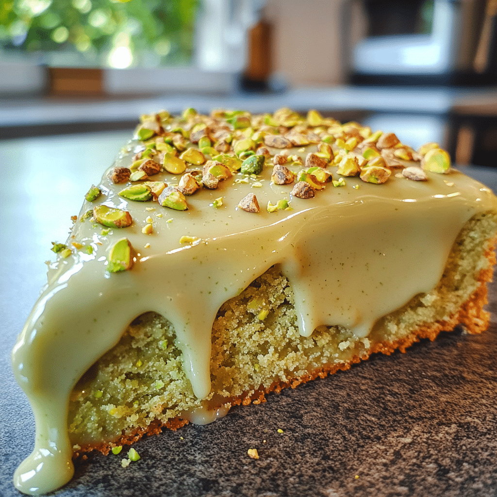 slice of pistachio pudding cake with glaze and pistachios