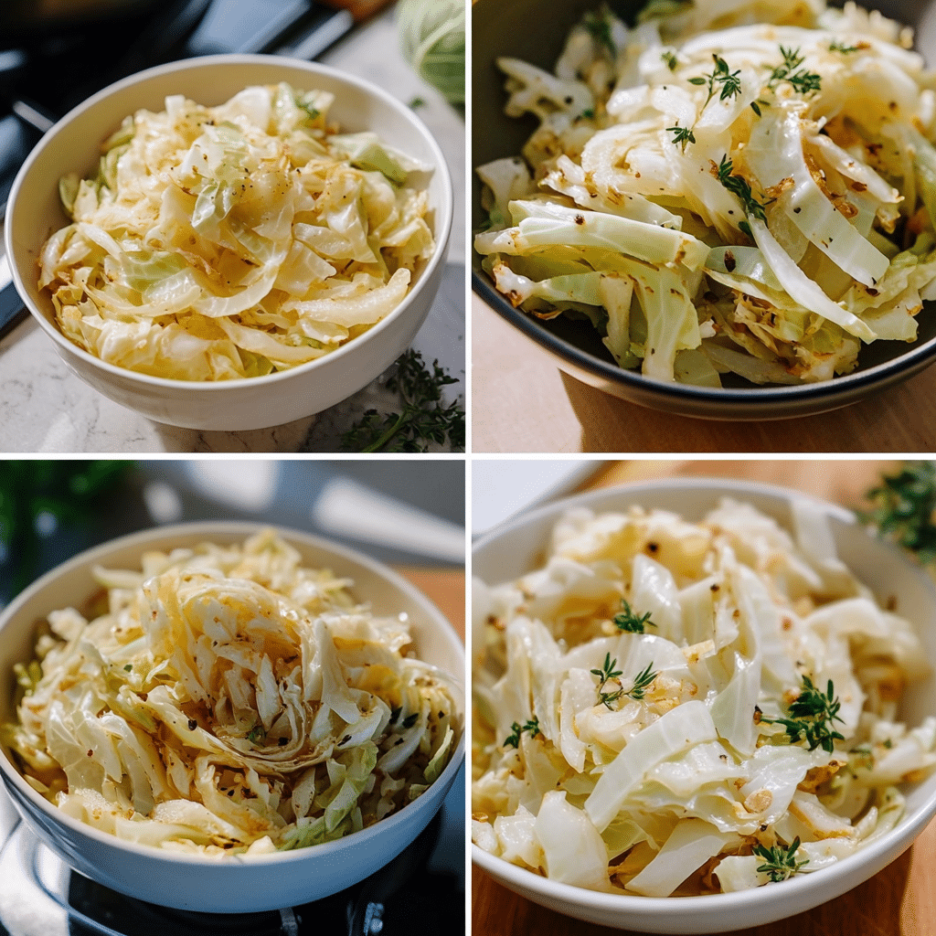 collage showing steps to make sautéed cabbage