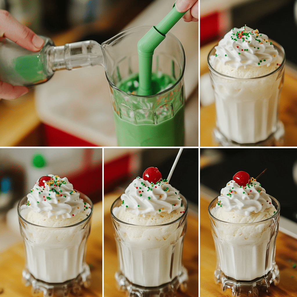 Four panel collage of making shamrock shake in a blender and topping with whipped cream