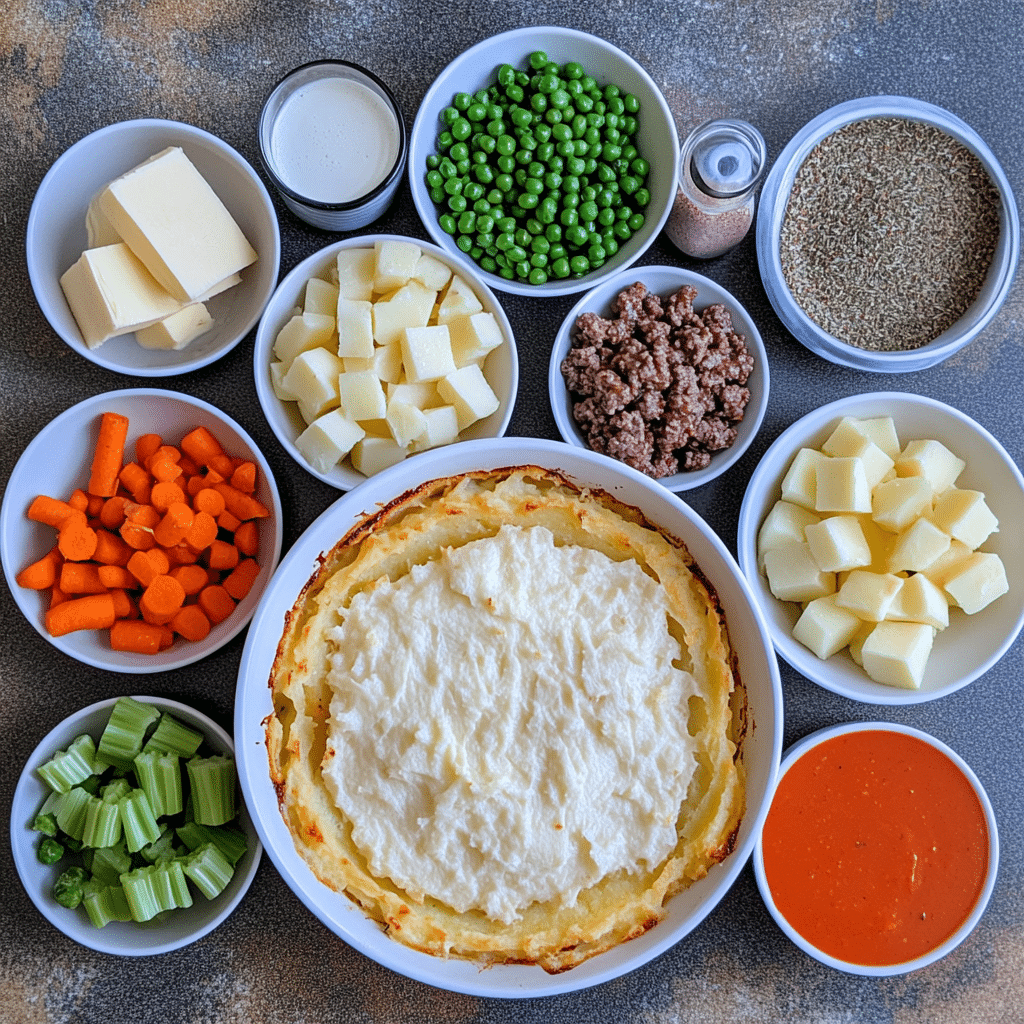 Ingredients for shepherd’s pie including ground beef, potatoes, vegetables, broth, and seasonings