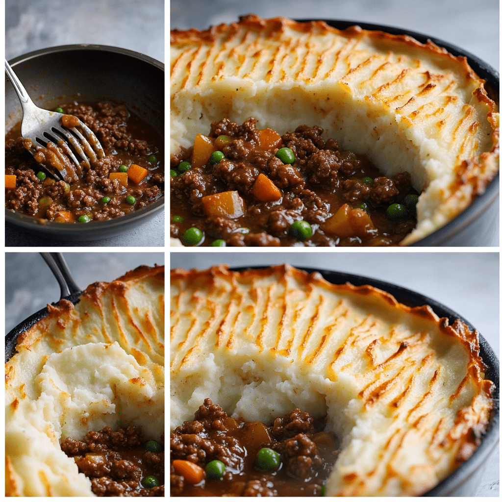 Four panel collage of making traditional shepherd’s pie with beef filling and mashed potato topping