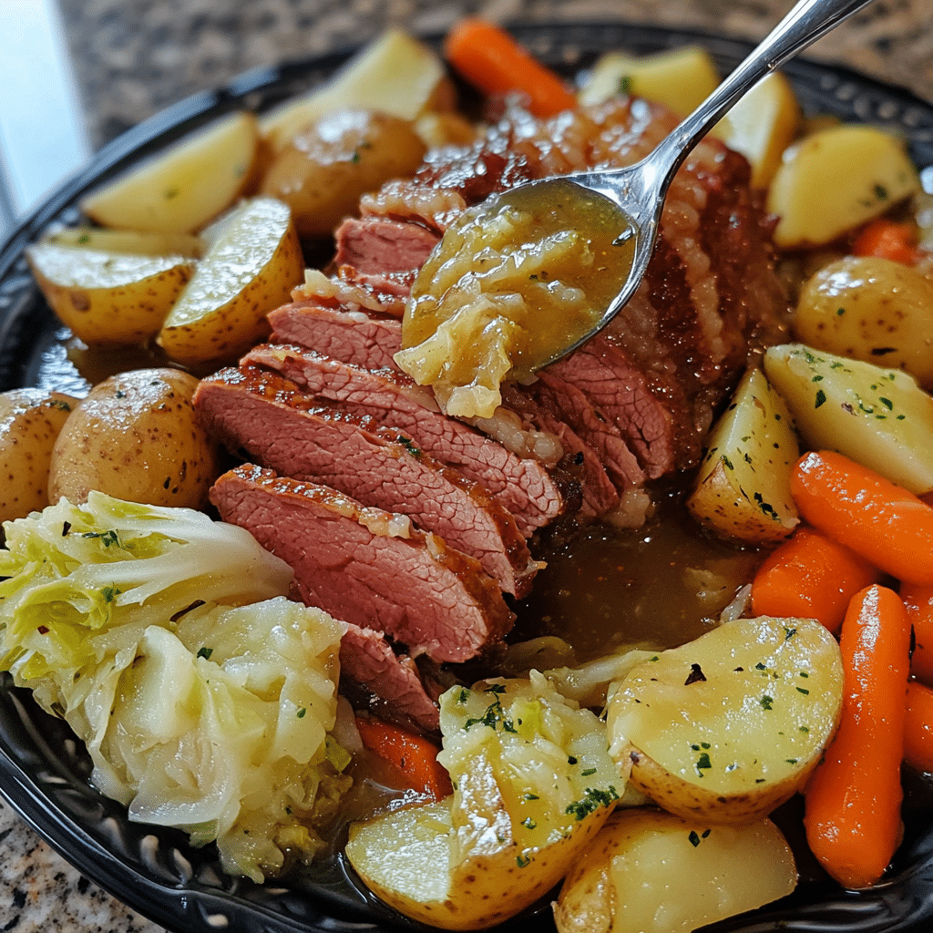sliced corned beef with cabbage carrots and potatoes in broth