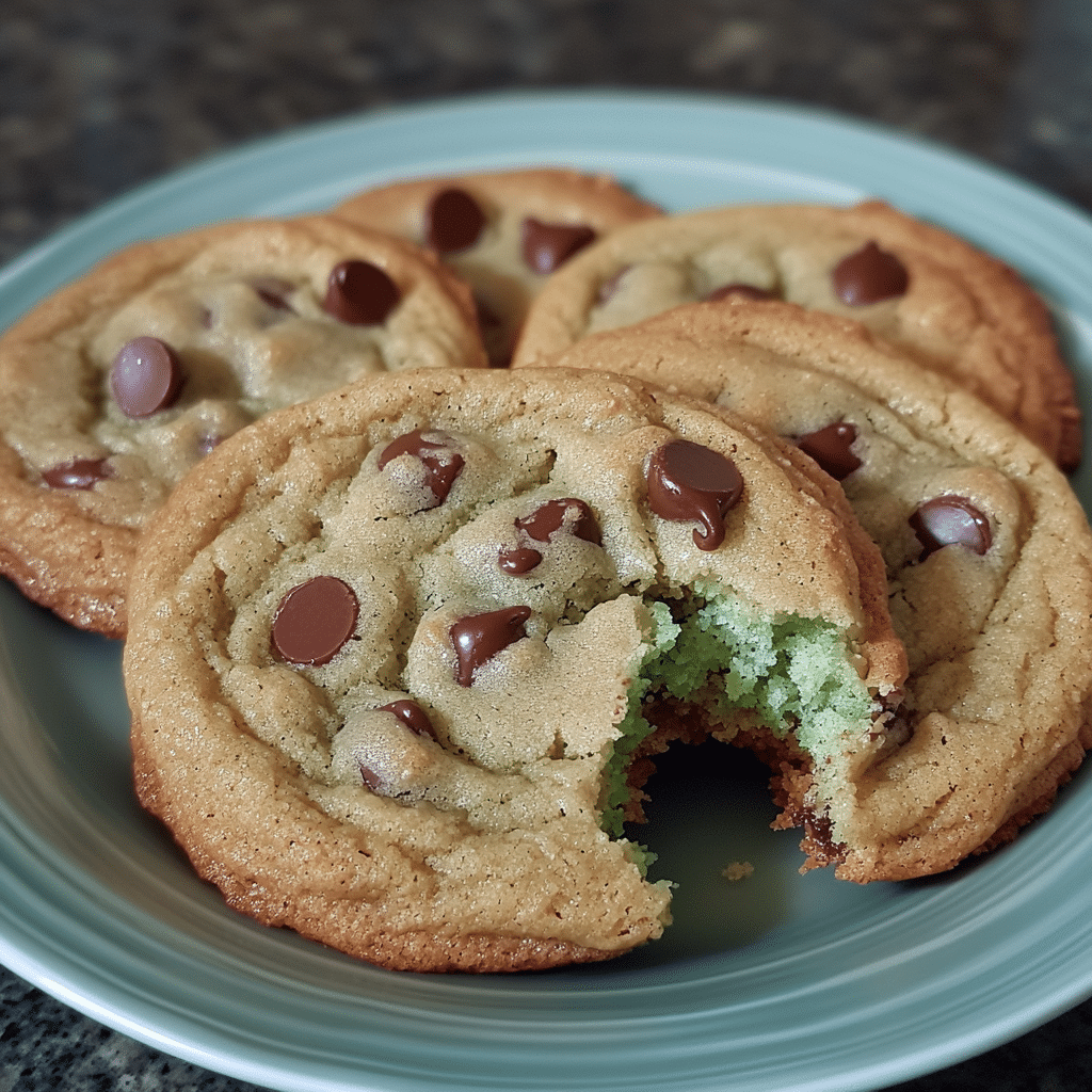 Plate of mint chocolate chip cookies with chocolate chips and a soft center