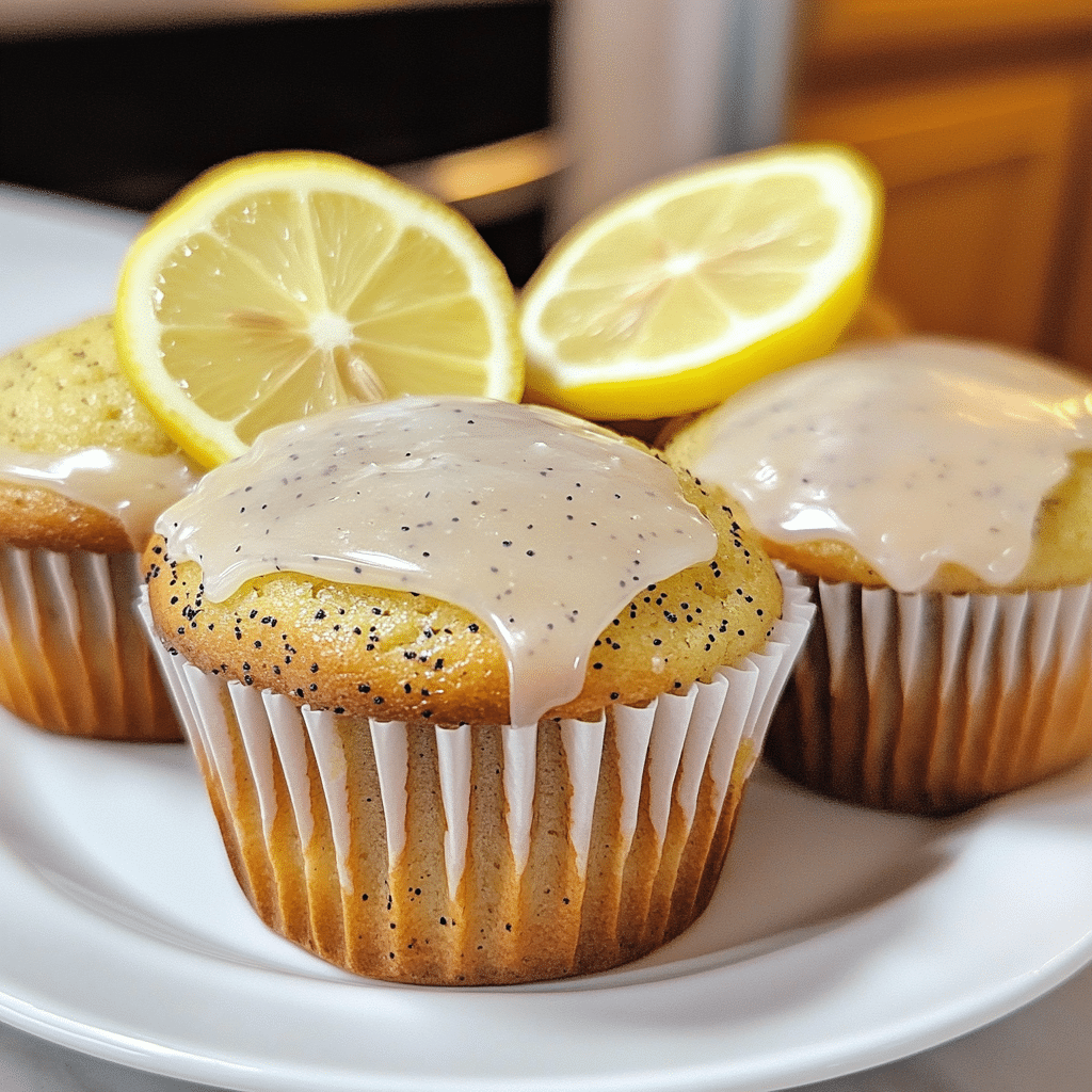 Sourdough lemon poppy seed muffins with lemon glaze on a plate