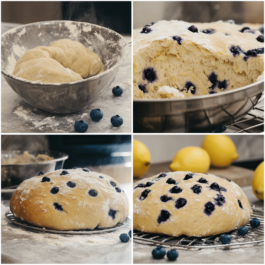 Four panel collage of mixing dough, folding in blueberries, shaping sourdough, and a baked lemon blueberry loaf cooling