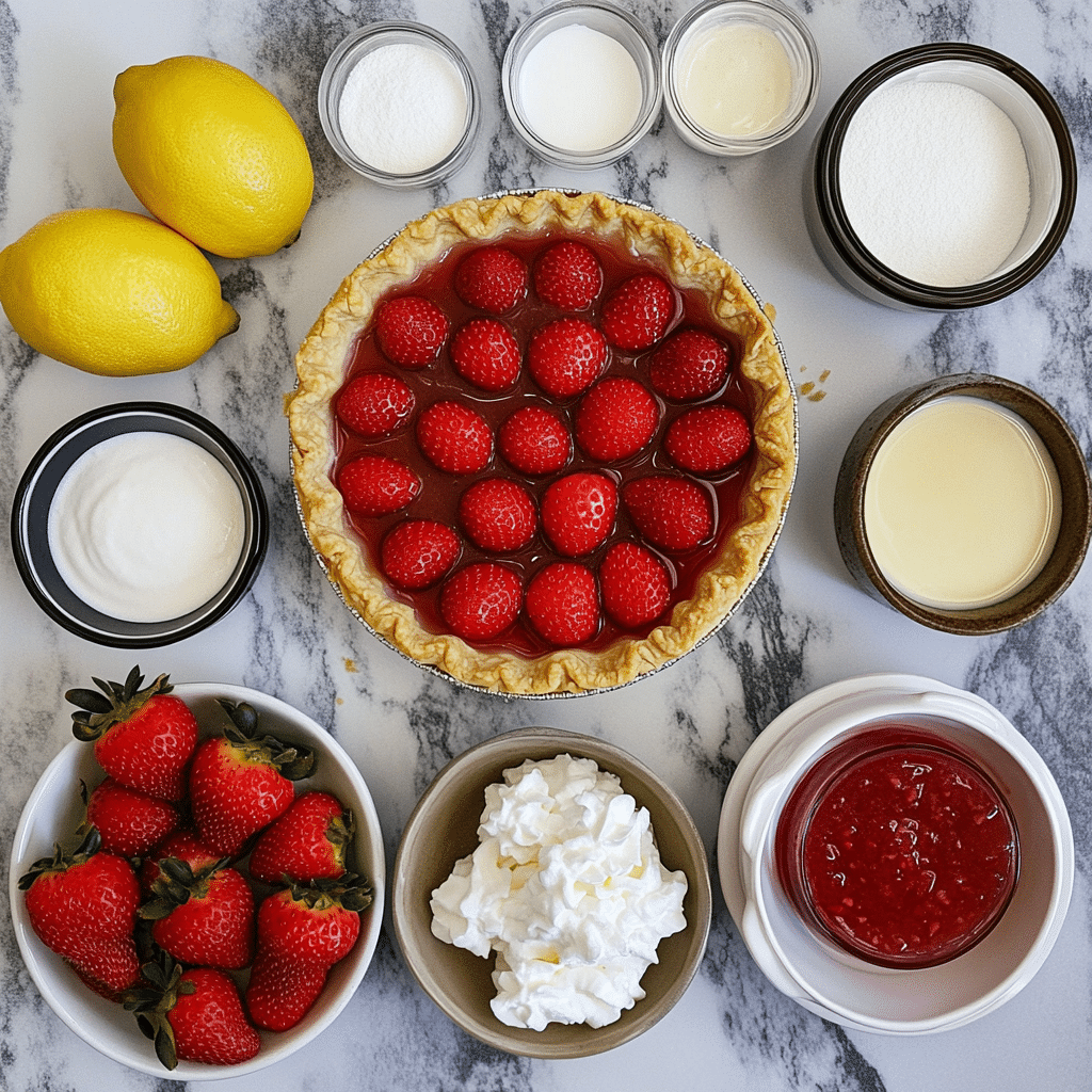 ingredients for strawberry pie including strawberries sugar cornstarch and baked crust