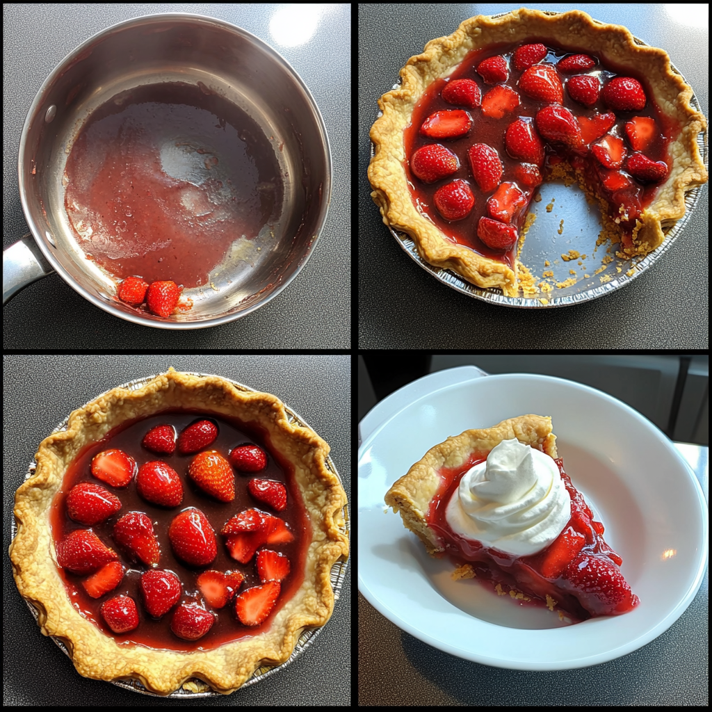 four panel collage showing steps to make strawberry pie
