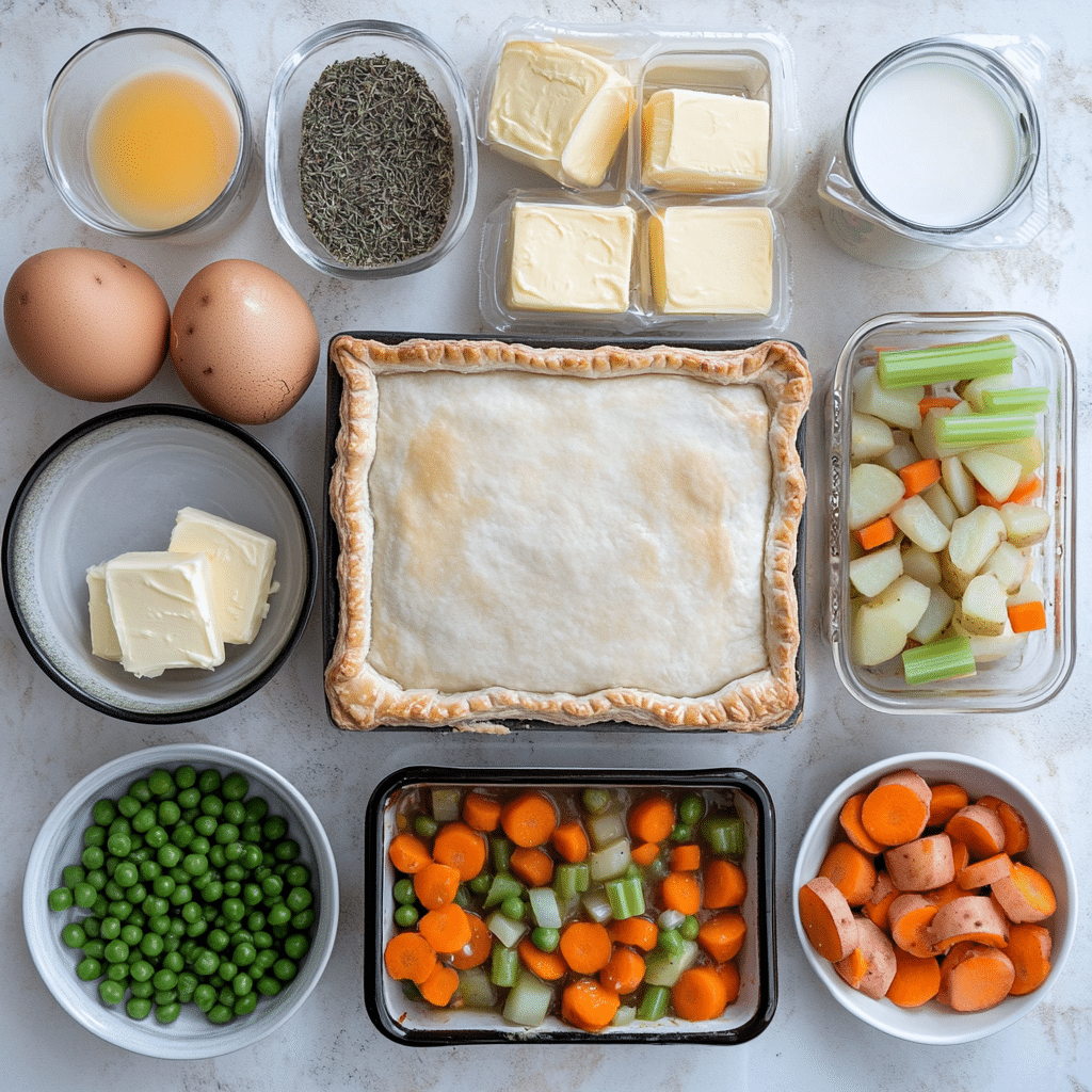ingredients for vegetable pot pie including vegetables broth milk flour butter and pie dough