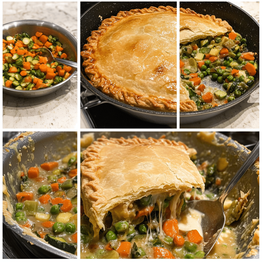 four panel collage showing steps to make vegetable pot pie