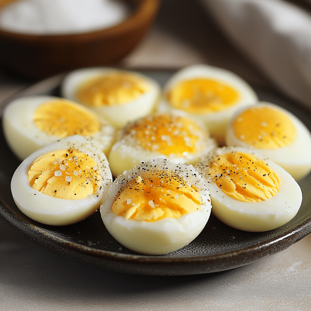 Peeled hard boiled eggs made in an air fryer, sliced to show bright yolks