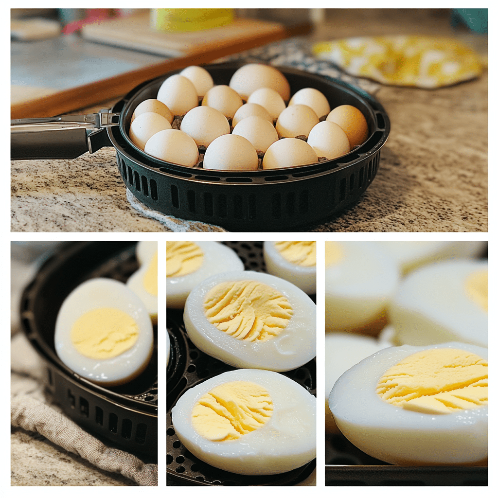 Four panel collage showing eggs in air fryer, cooling in ice bath, peeling, and slicing