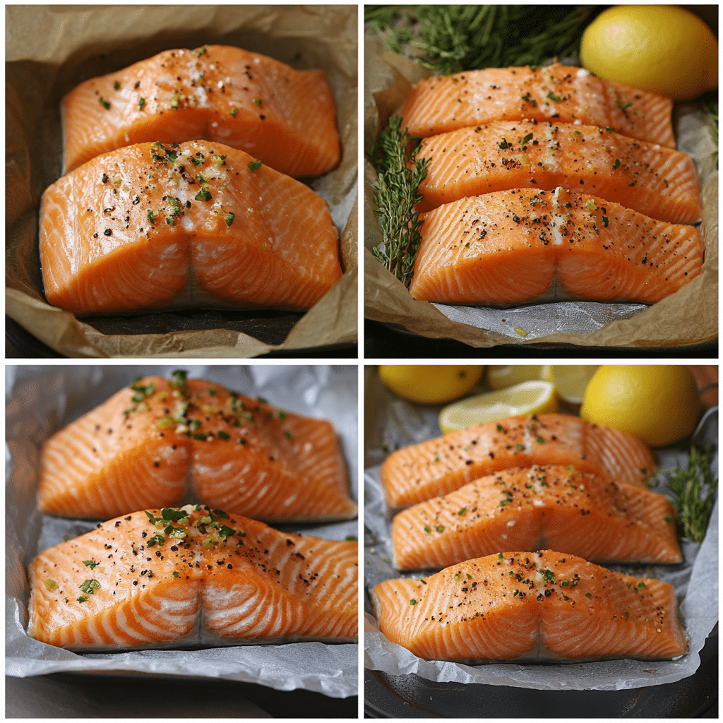 Four panel collage showing seasoning salmon, placing in basket, resting, and serving with lemon