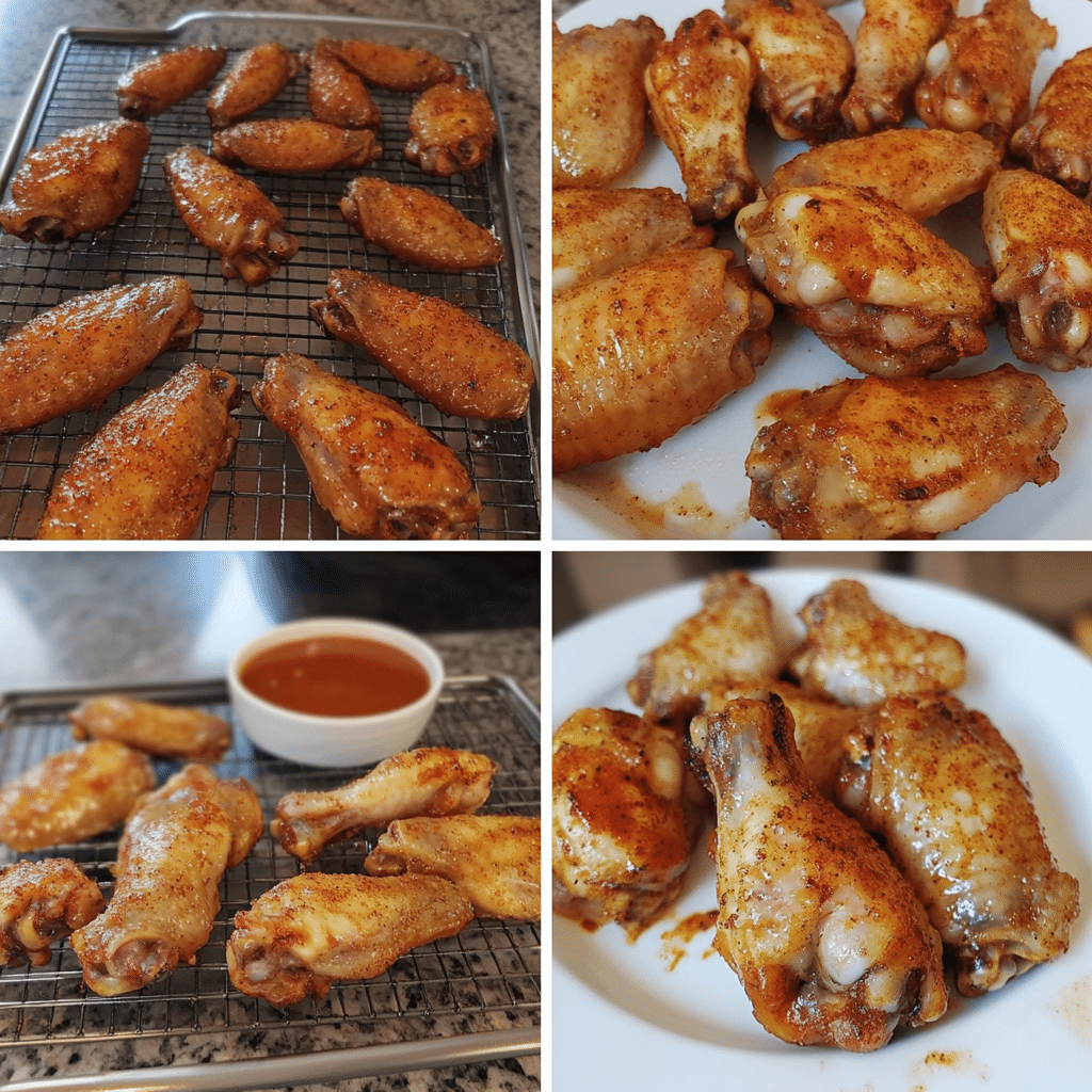 Four panel collage showing seasoning wings, arranging on rack, baking until crisp, and serving with dip
