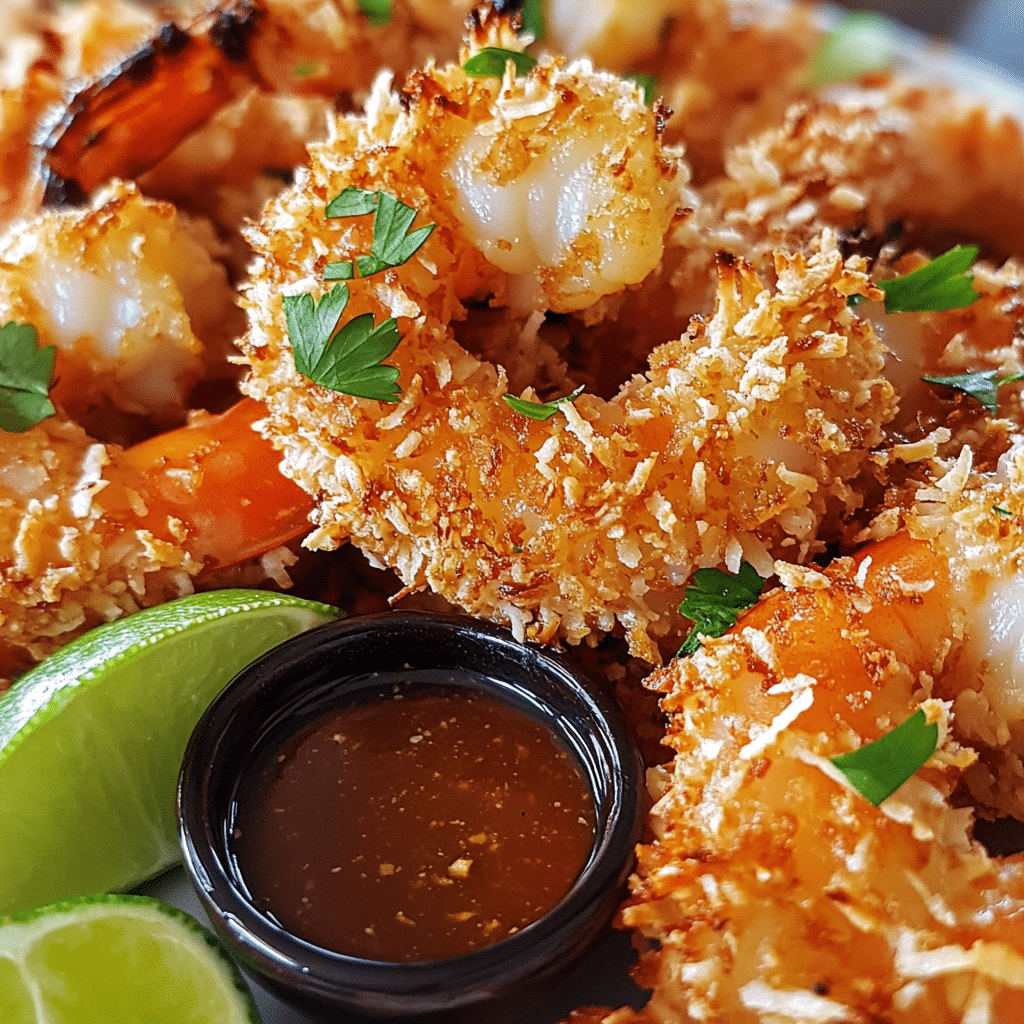 Baked coconut shrimp with golden coating and dipping sauce on a platter