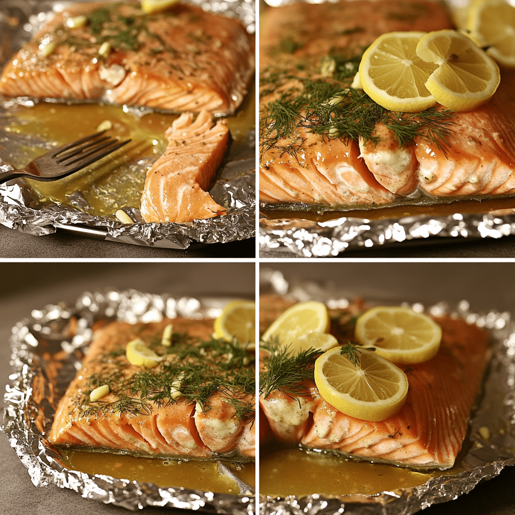 four panel collage showing steps to make baked salmon with lemon and dill