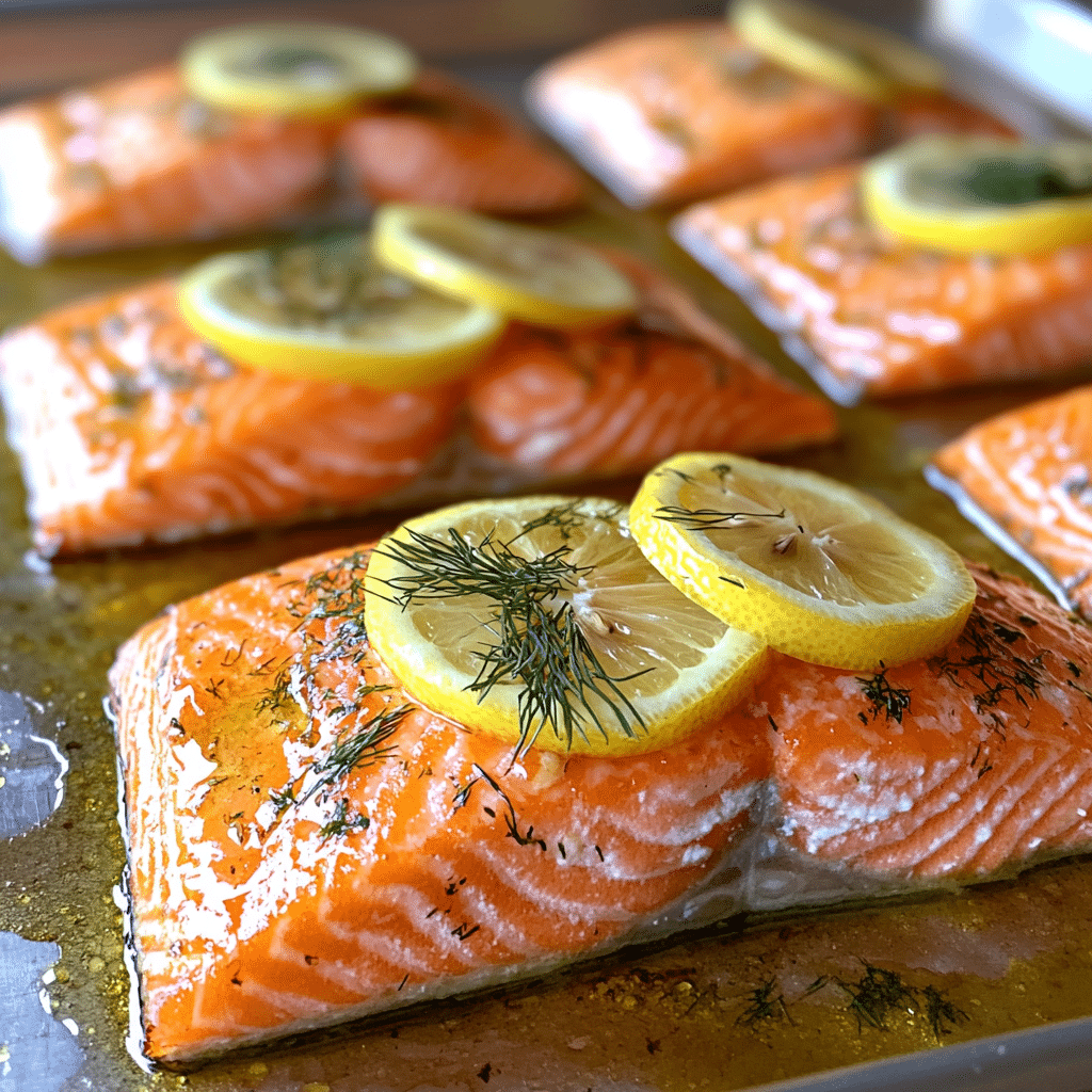 baked salmon with lemon slices and dill on a sheet pan