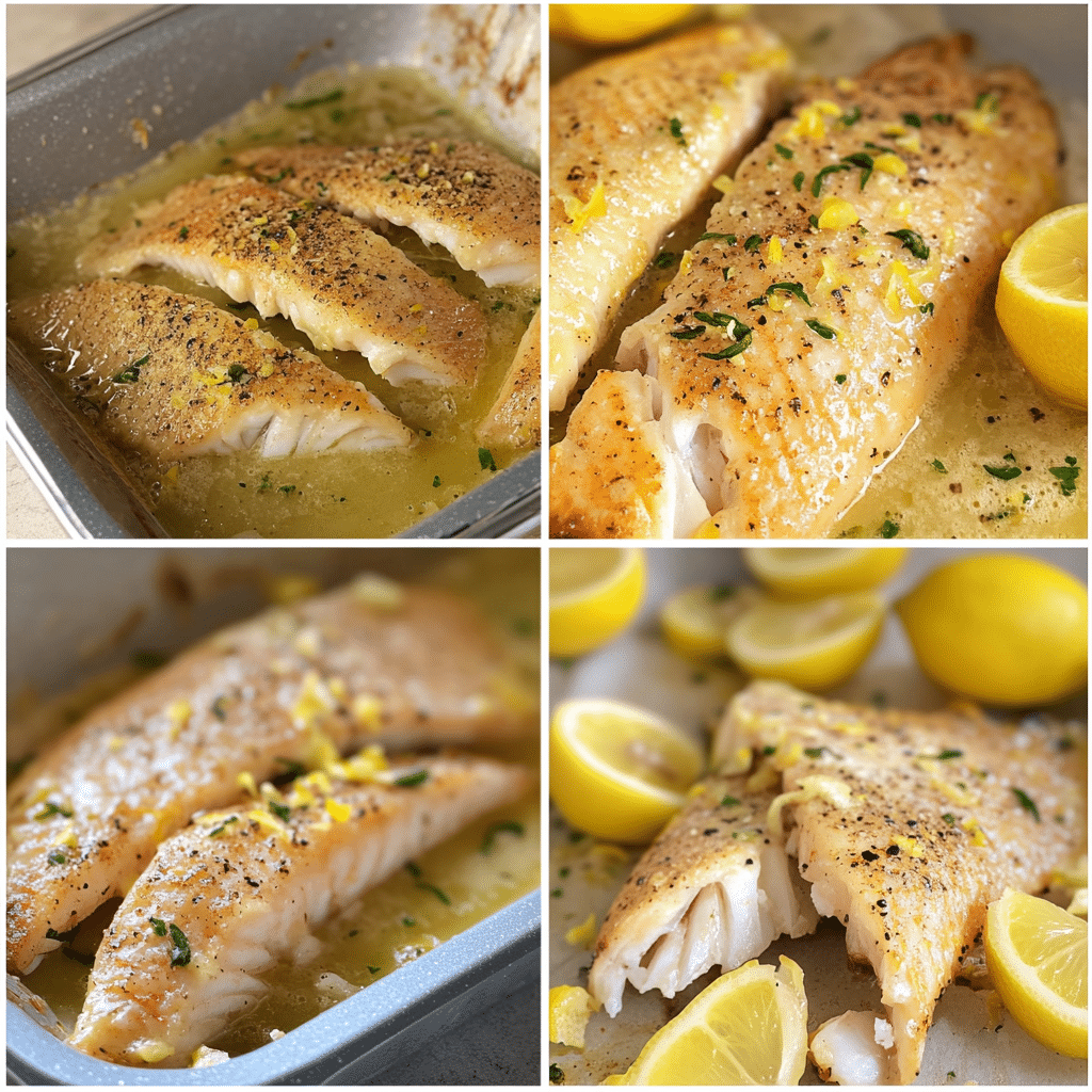 Four panel collage showing how to make baked tilapia with lemon in a baking dish