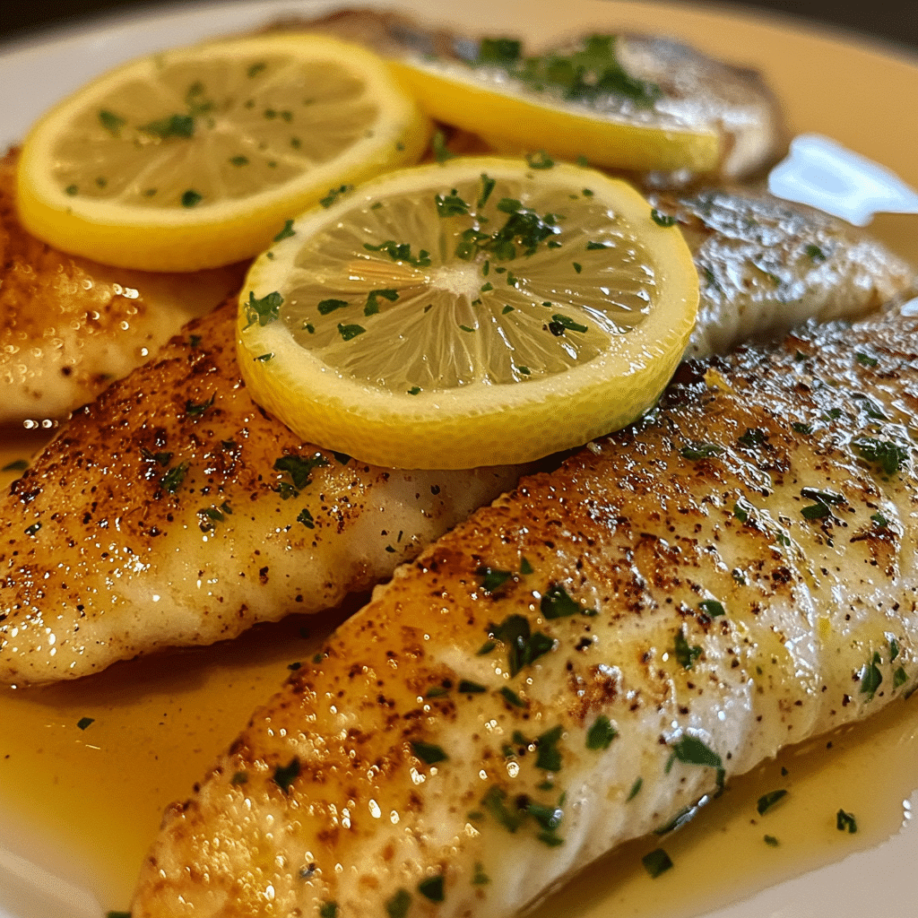 Baked tilapia fillet with lemon slices and herbs on a plate