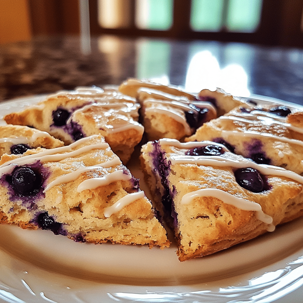 Blueberry scones with glaze drizzle on a plate