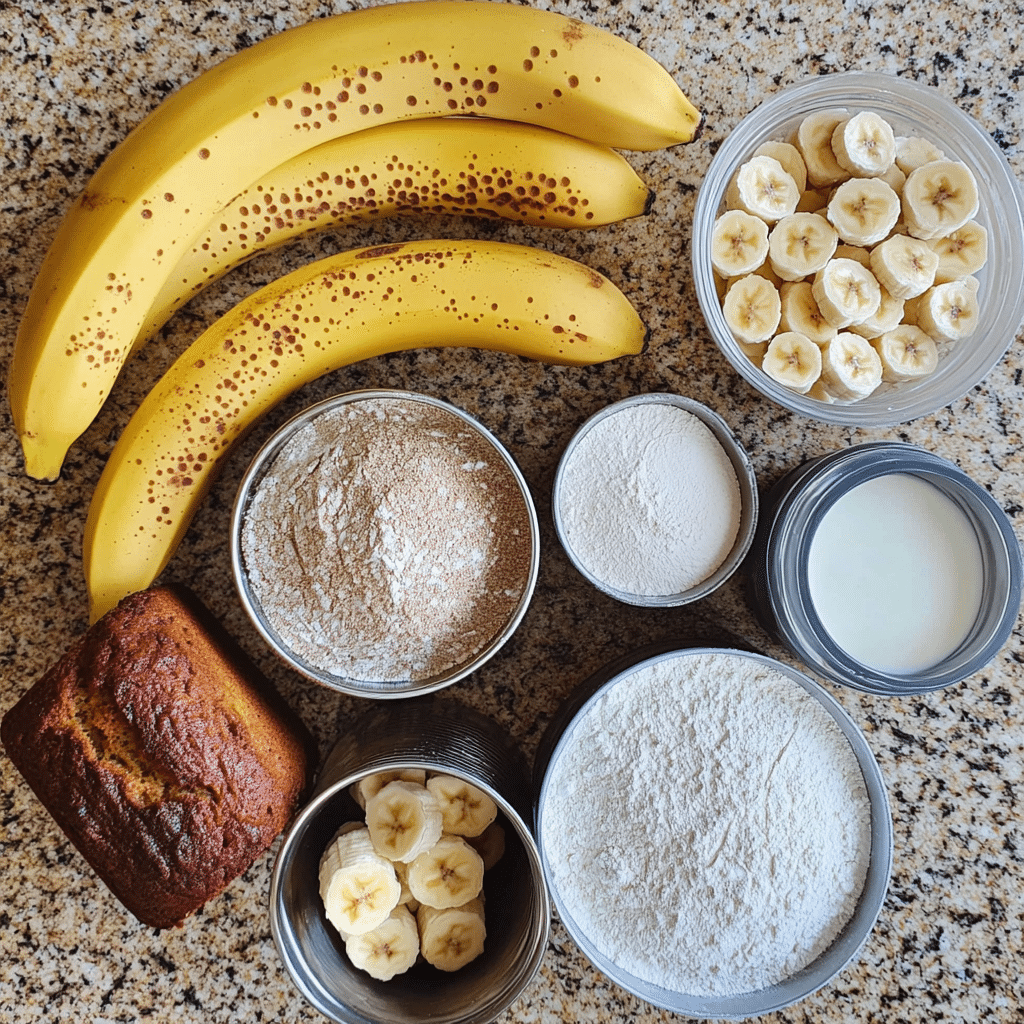 Ingredients for banana bread including ripe bananas, flour, butter, eggs, and loaf pan