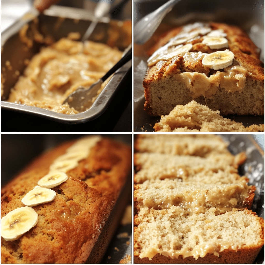Four panel collage showing banana bread steps from mash to sliced loaf