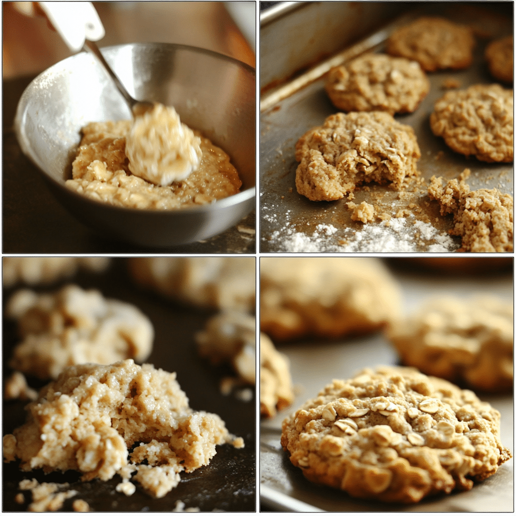 Four panel collage showing mashing bananas, mixing oatmeal cookie dough, scooping, and baked cookies cooling