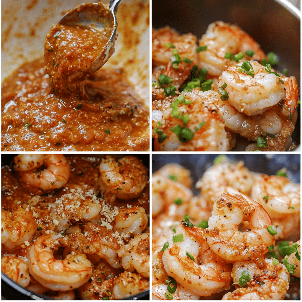 Four panel collage showing mixing sauce, breading shrimp, cooking until crisp, and tossing in sauce to serve