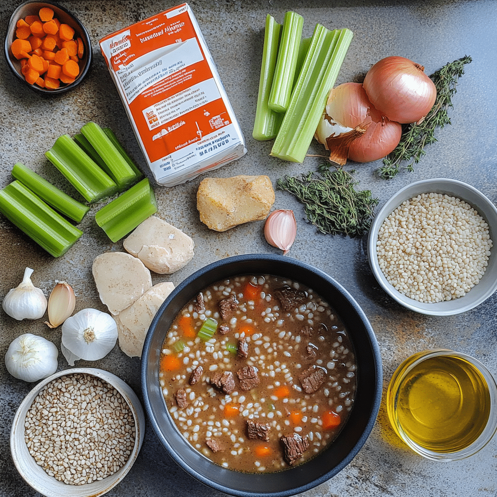 ingredients for beef barley soup including beef barley carrots celery onion broth and herbs